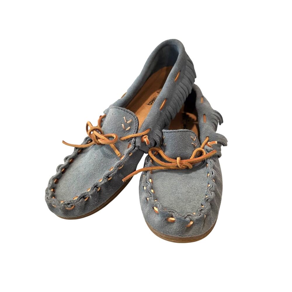 Minnetonka Amanda Blue Sude Fringed Slip-on Moccasins.
